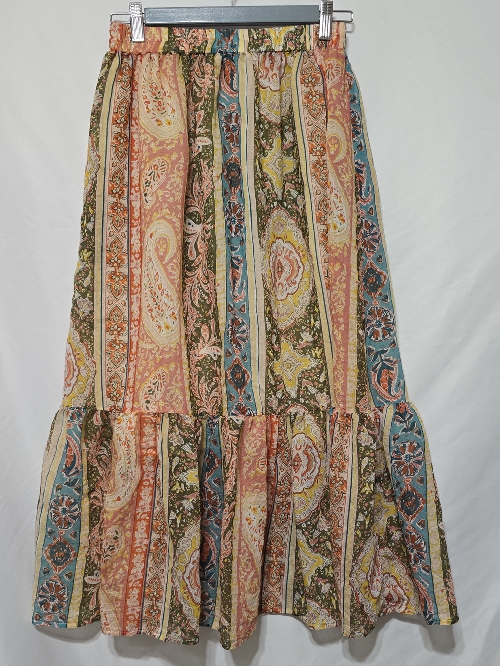 Color Block Boho Paisley Patchwork Tiered Maxi Skirt Pastel Size M